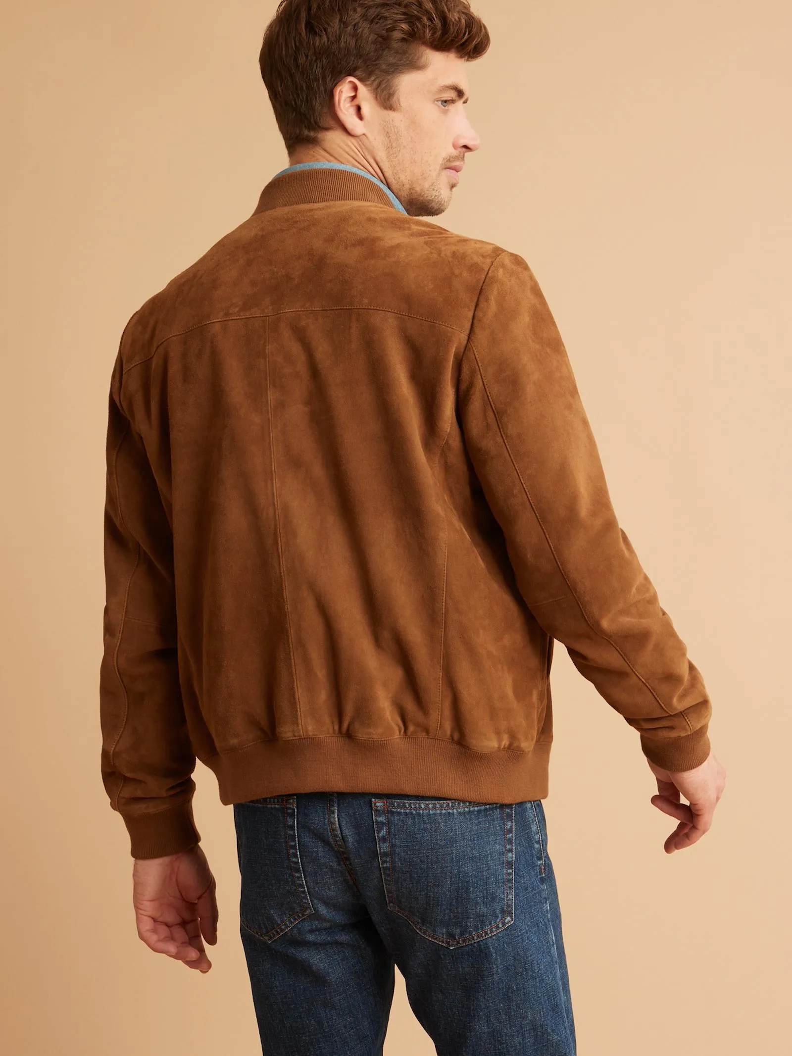 Men’s Tan Brown Suede Leather Bomber Jacket