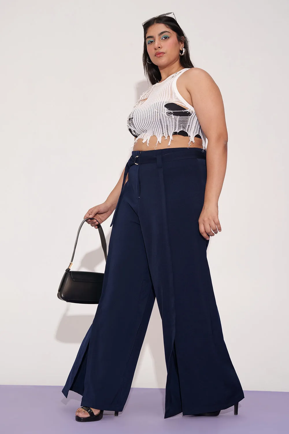 Mystic Navy Curve Belted Flared Korean Pants