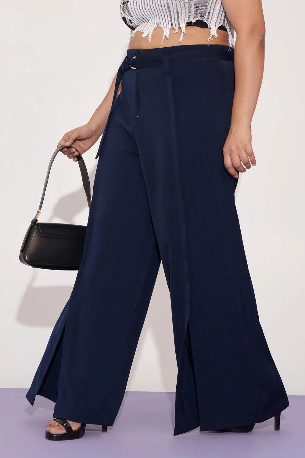 Mystic Navy Curve Belted Flared Korean Pants