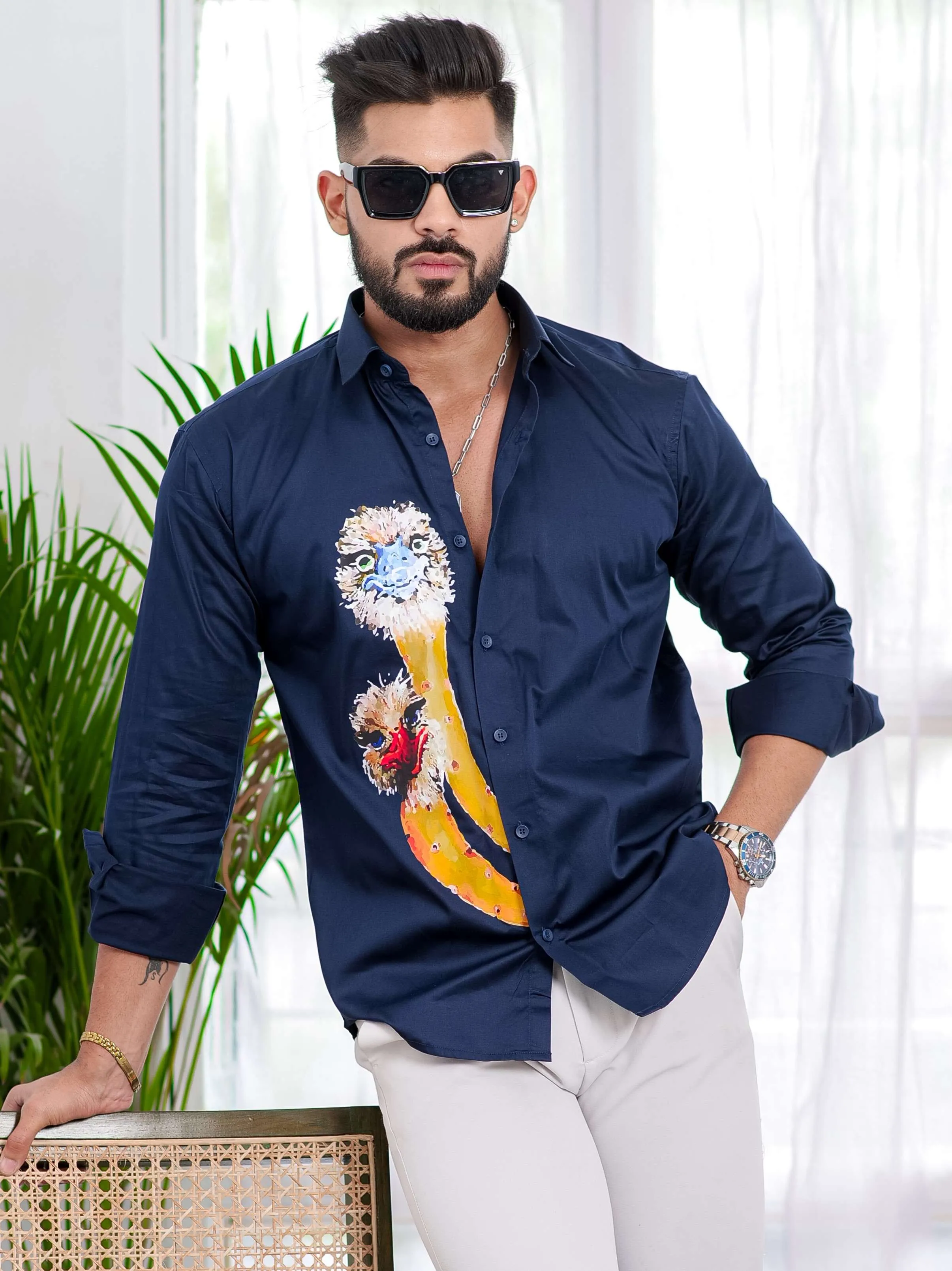 Navy Blue Club Wear Printed Satin Cotton Shirt