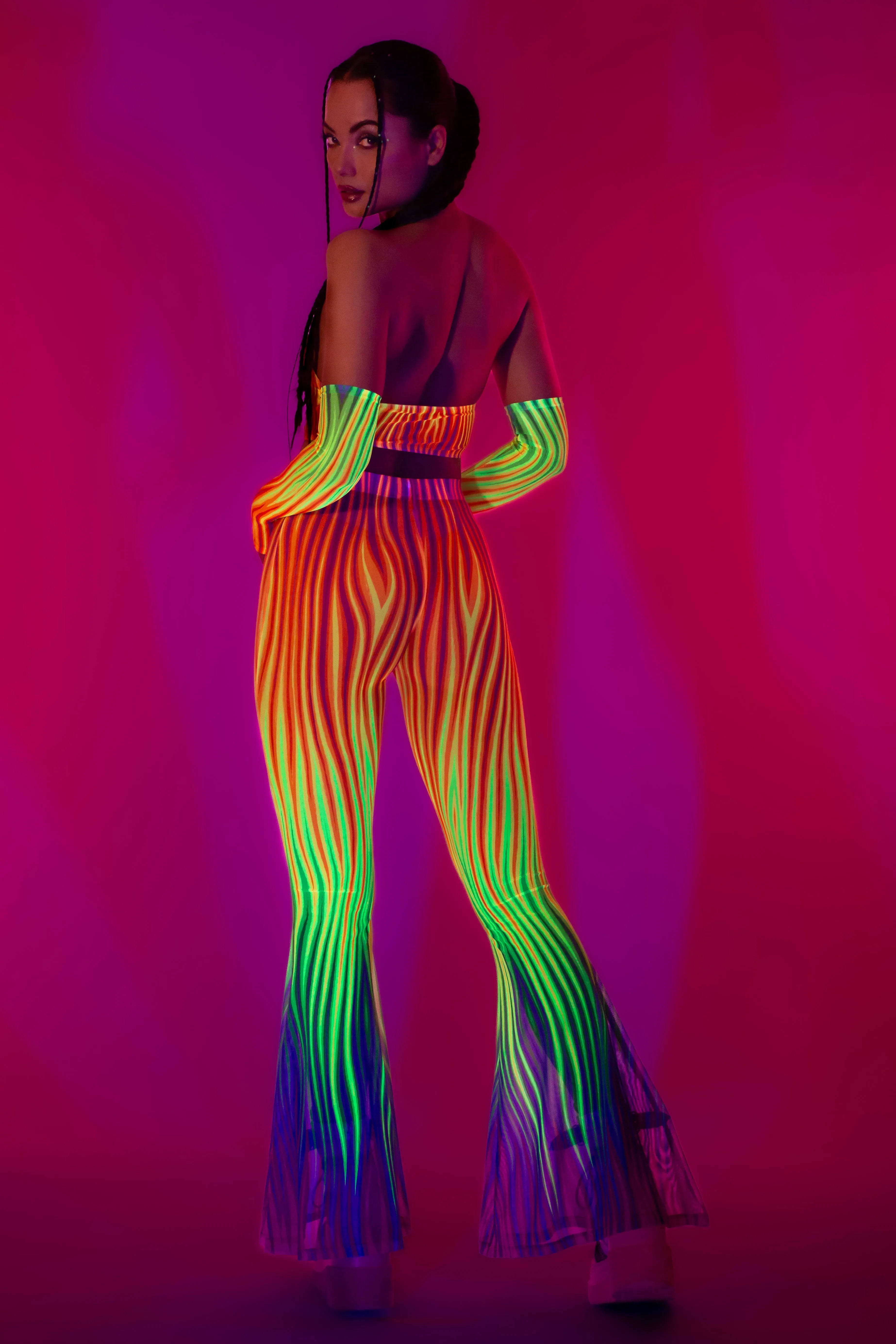 Neon Rainbow Flame Bell Bottom Mesh Pants