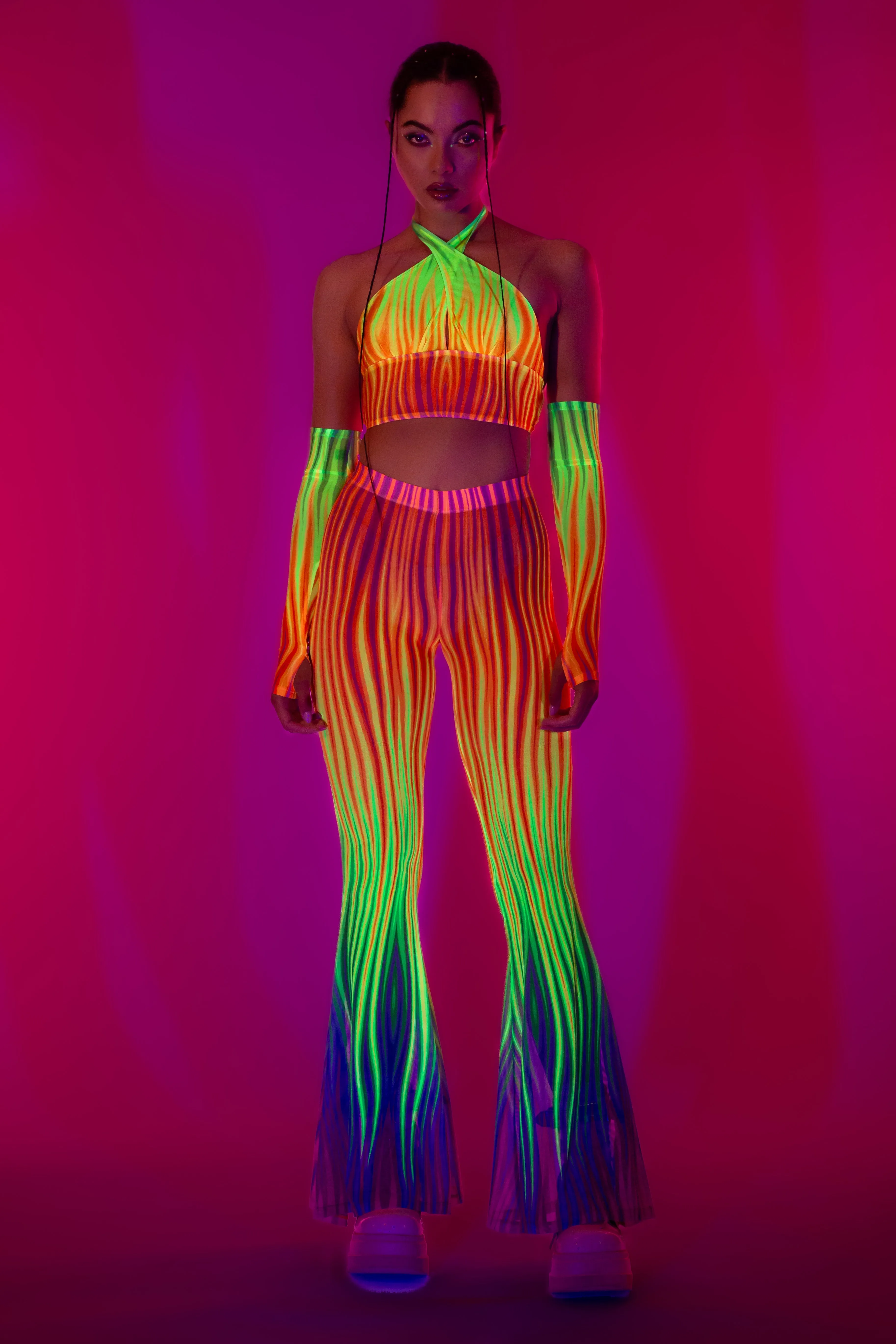 Neon Rainbow Flame Bell Bottom Mesh Pants