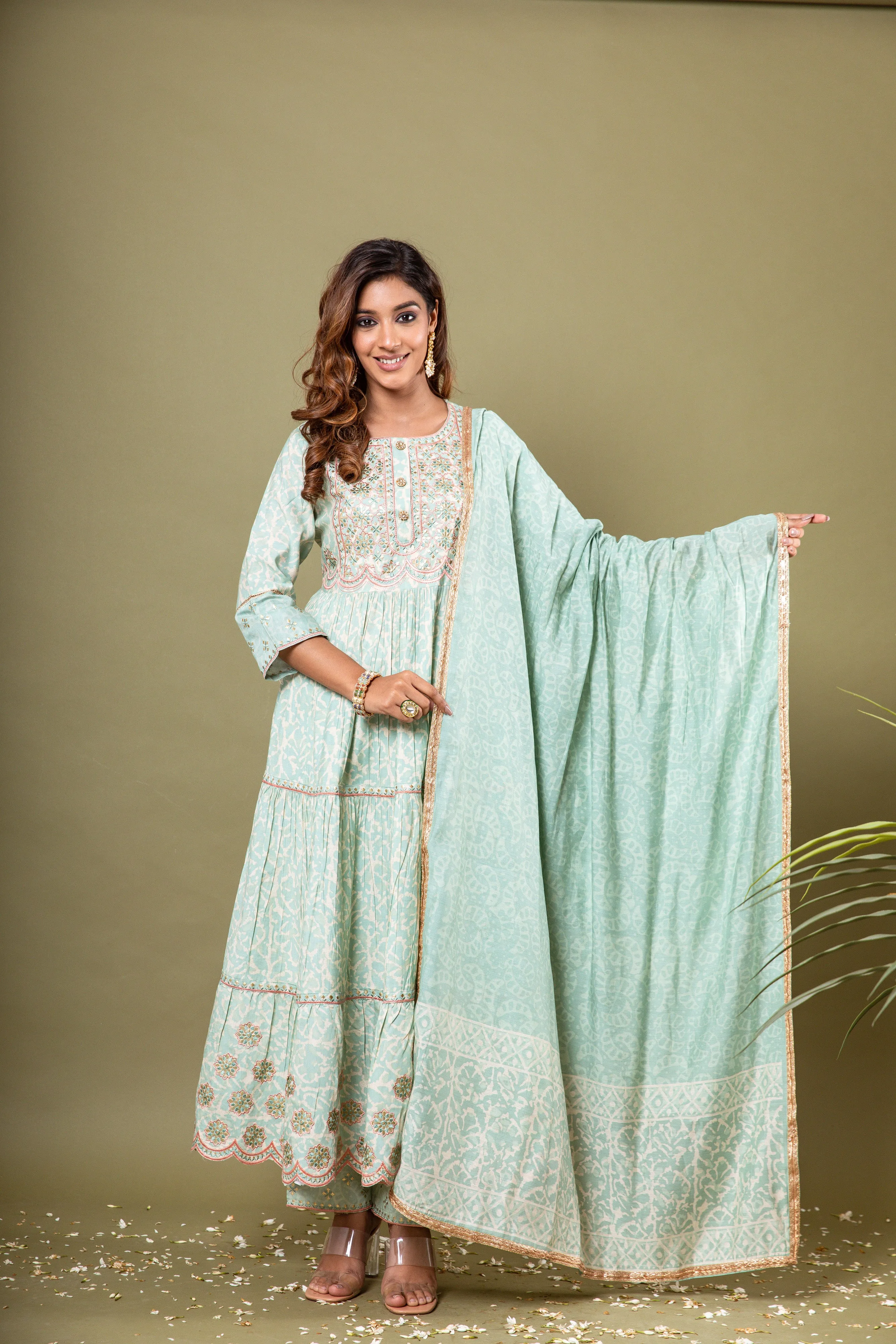 Nilambar Women's Mint Green Color Muslin Anarkali Kurta Pant Dupatta With Fancy Potli