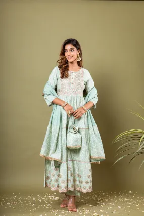 Nilambar Women's Mint Green Color Muslin Anarkali Kurta Pant Dupatta With Fancy Potli