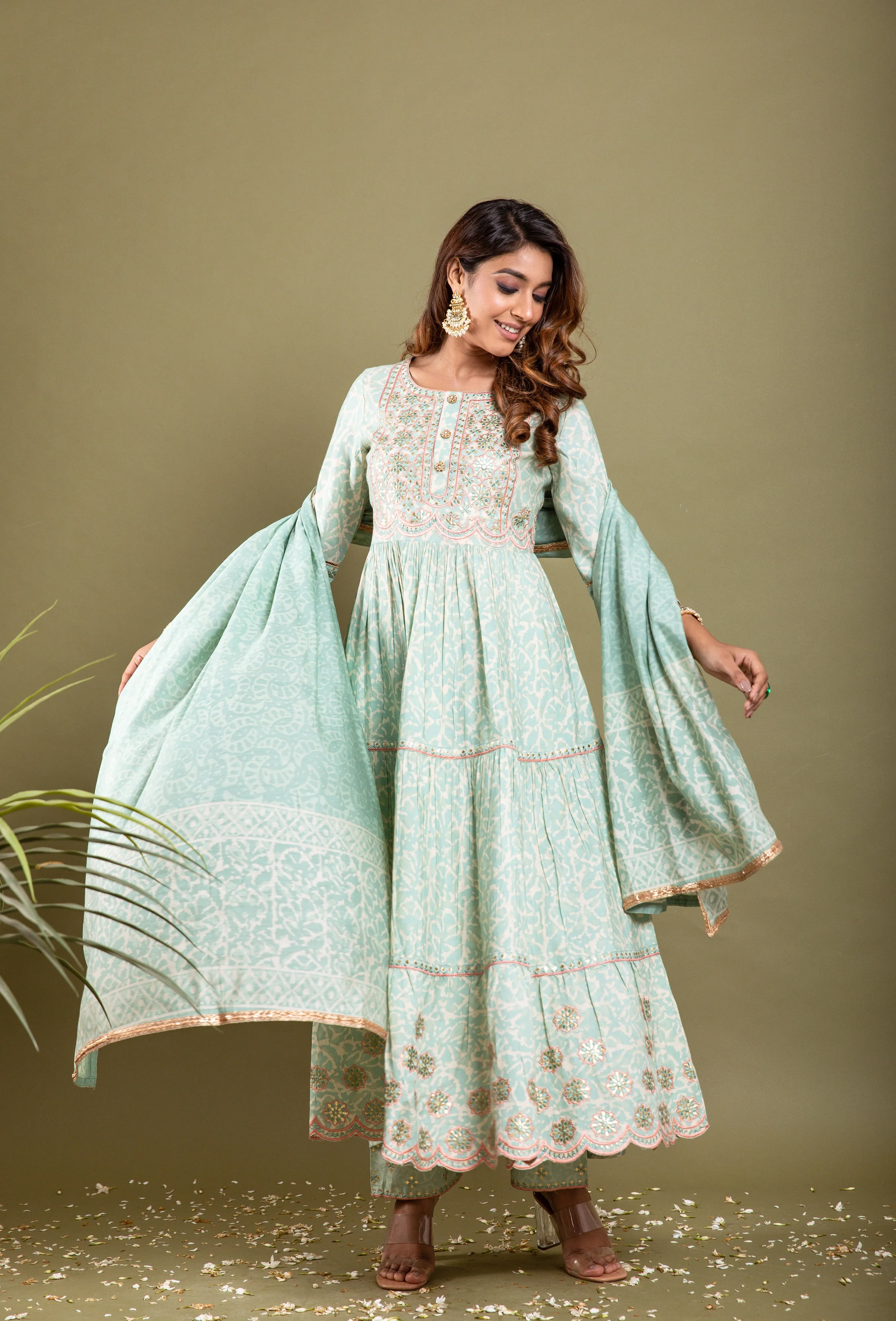 Nilambar Women's Mint Green Color Muslin Anarkali Kurta Pant Dupatta With Fancy Potli