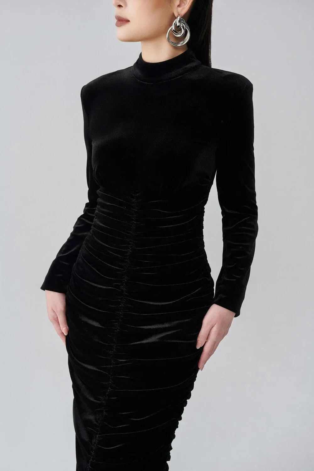 Nisha Gathered Long Sleeved Velvet Midi Dress