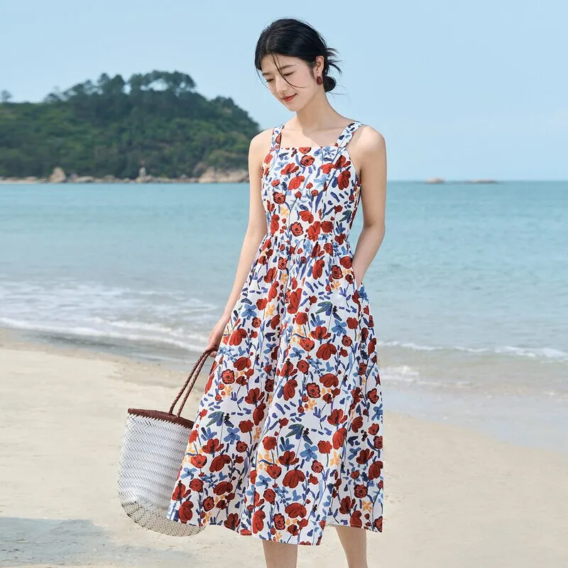 Nsquared Women Suspended Dress | Summer Sleeveless A-shaped High Waiste Red Print Pattern Fashion Holiday Mid-length Skirt