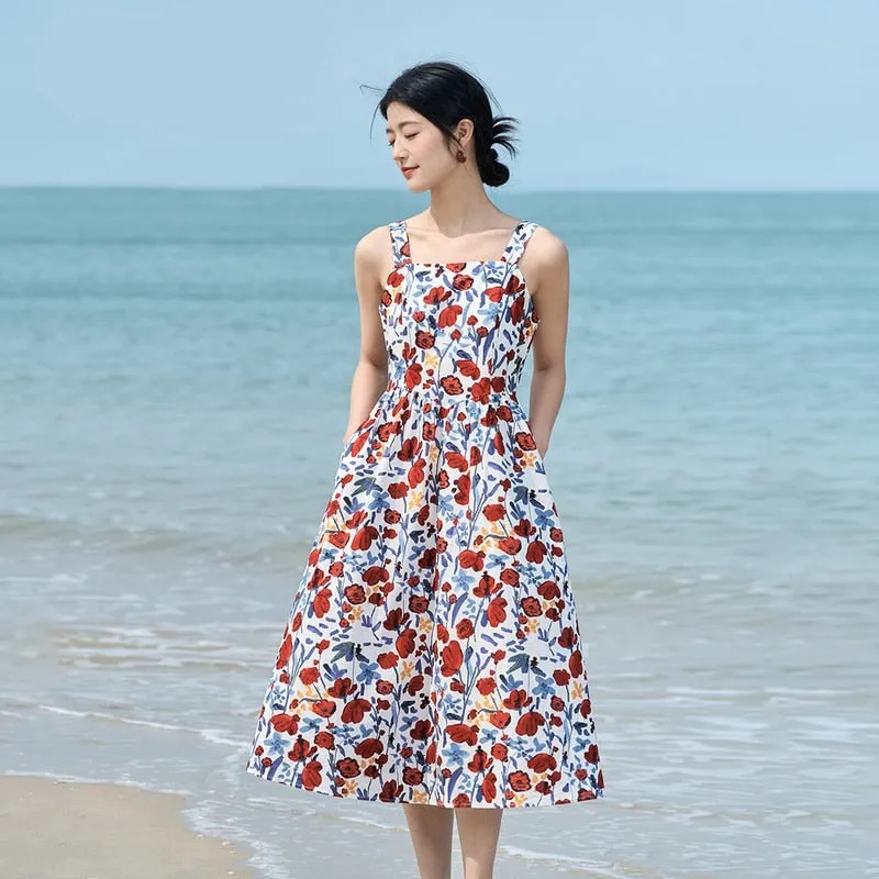 Nsquared Women Suspended Dress | Summer Sleeveless A-shaped High Waiste Red Print Pattern Fashion Holiday Mid-length Skirt