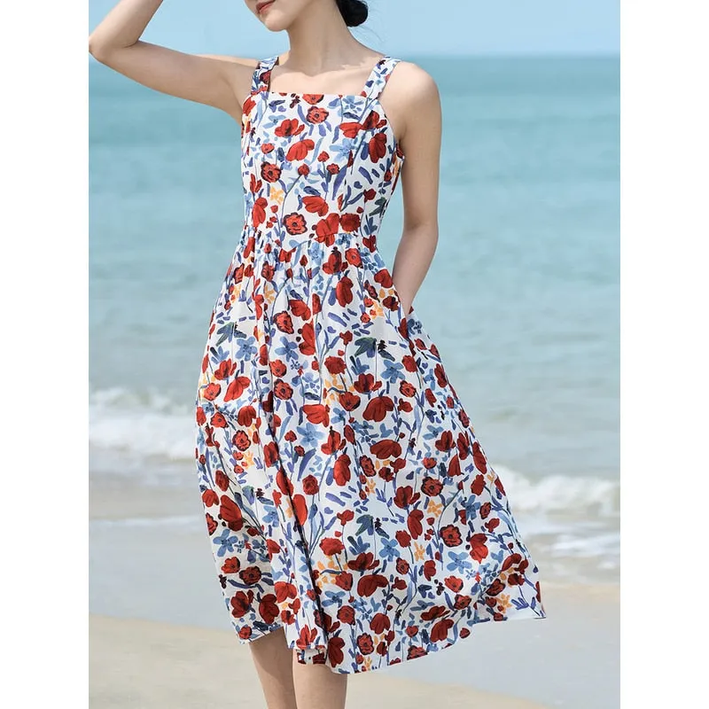 Nsquared Women Suspended Dress | Summer Sleeveless A-shaped High Waiste Red Print Pattern Fashion Holiday Mid-length Skirt