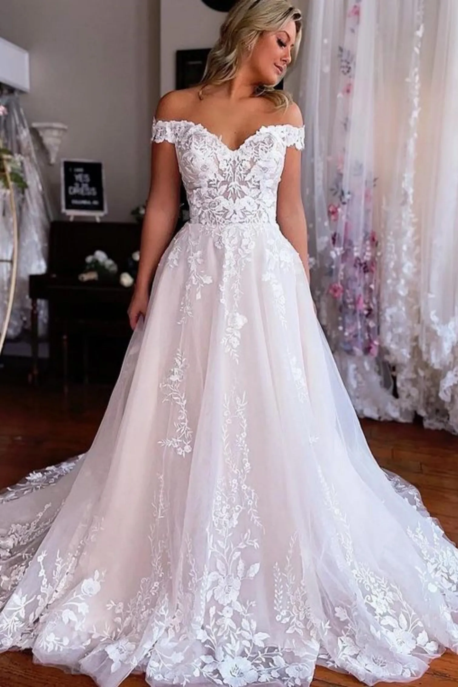 Off Shoulder White Lace Long Prom Dress, White Lace Wedding Dress with Appliques, White Formal Evening Dress A2226