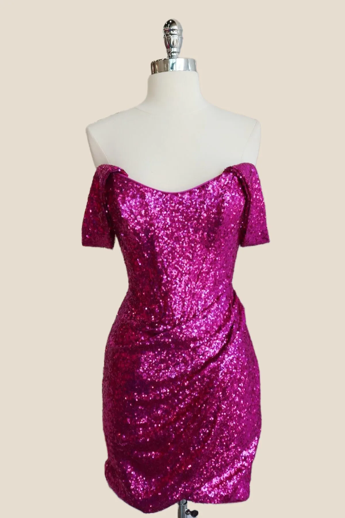 Off the Shoulder Fuchsia Sequin Tight Short Dress