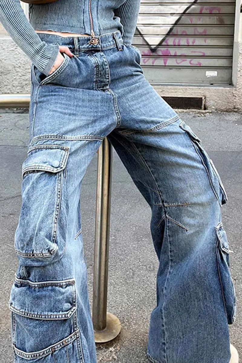 PI837 Denim Cargo Pocket Pants