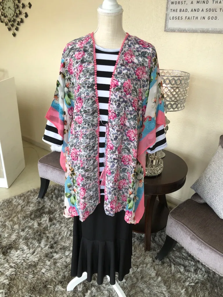 Pink Multi Print Scarf Kimono