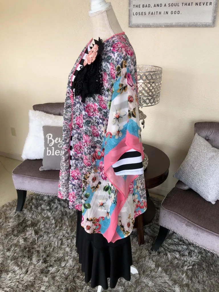 Pink Multi Print Scarf Kimono