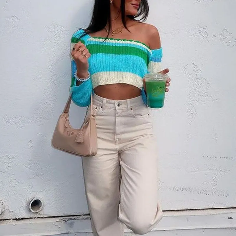 Rainbow Color Block Crochet Knitted Crop Long Sleeve Hollow Out Knit Blouse