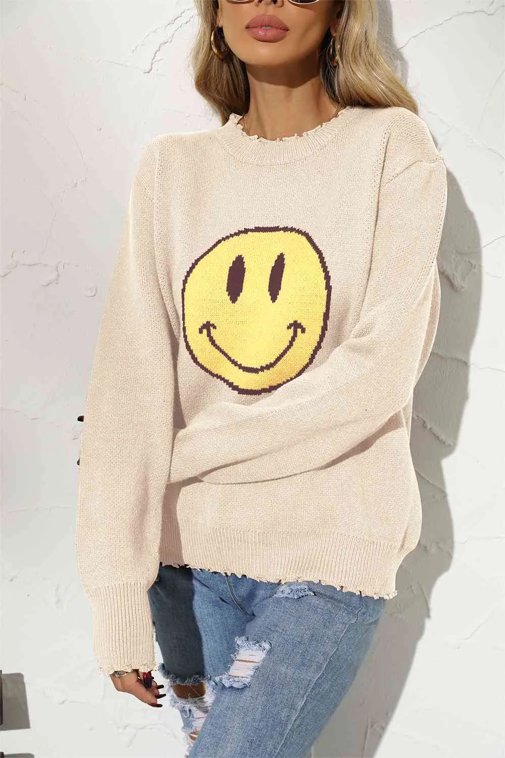 Round Neck Long Sleeve Smily Face Graphic Sweater (BFD) T