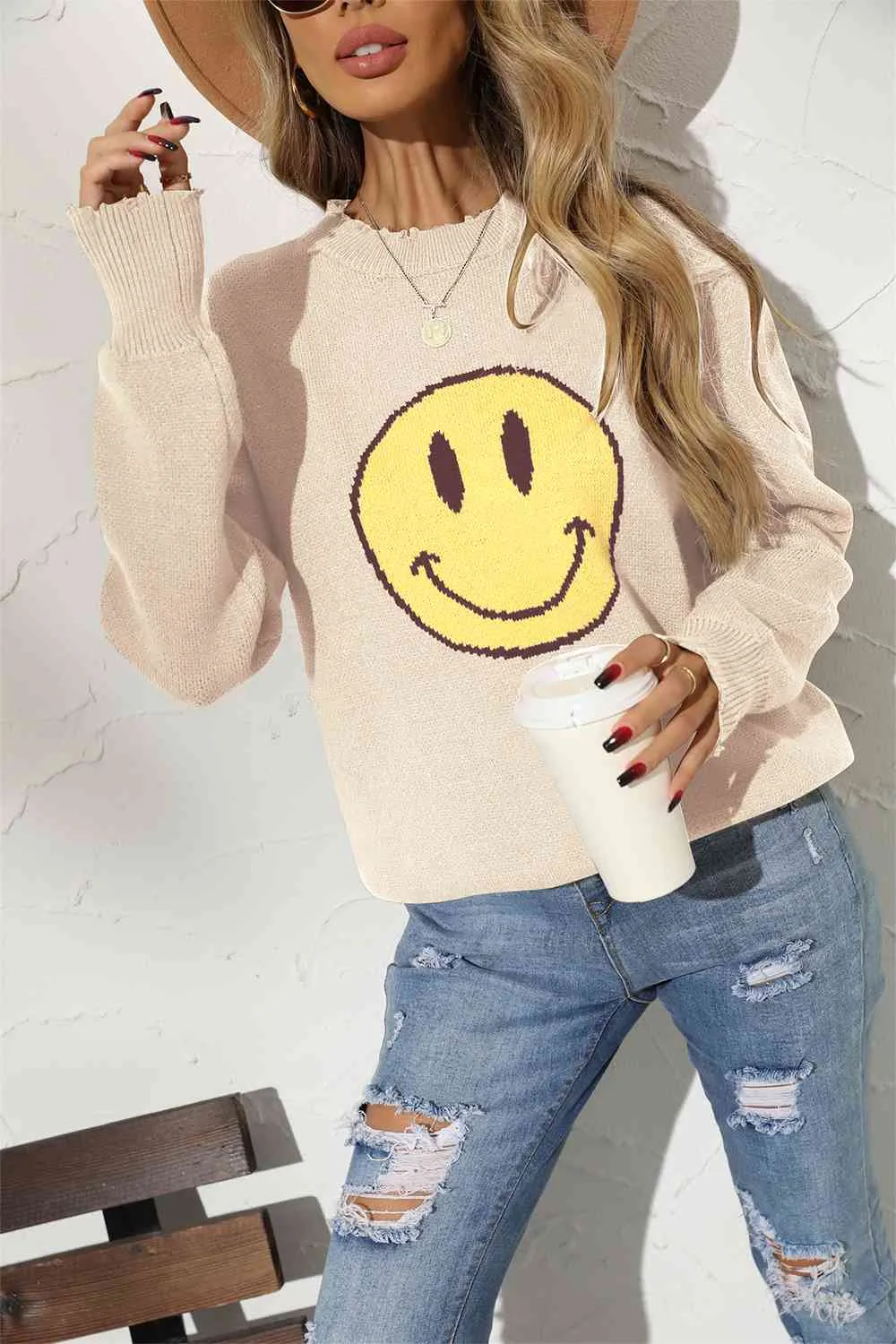 Round Neck Long Sleeve Smily Face Graphic Sweater (BFD) T