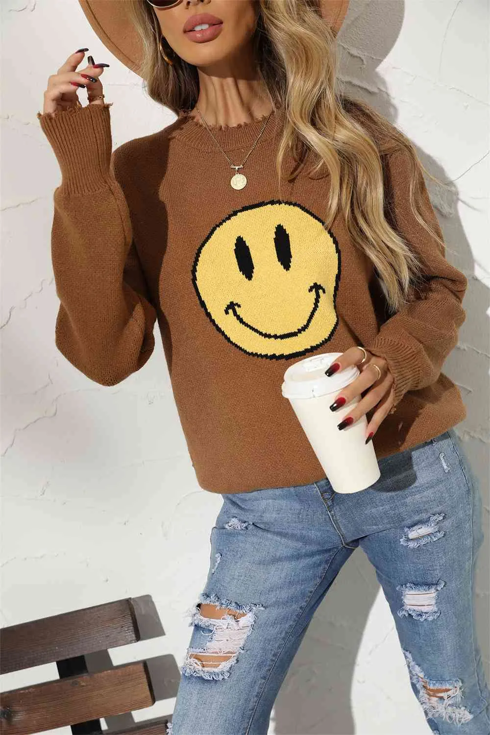 Round Neck Long Sleeve Smily Face Graphic Sweater (BFD) T