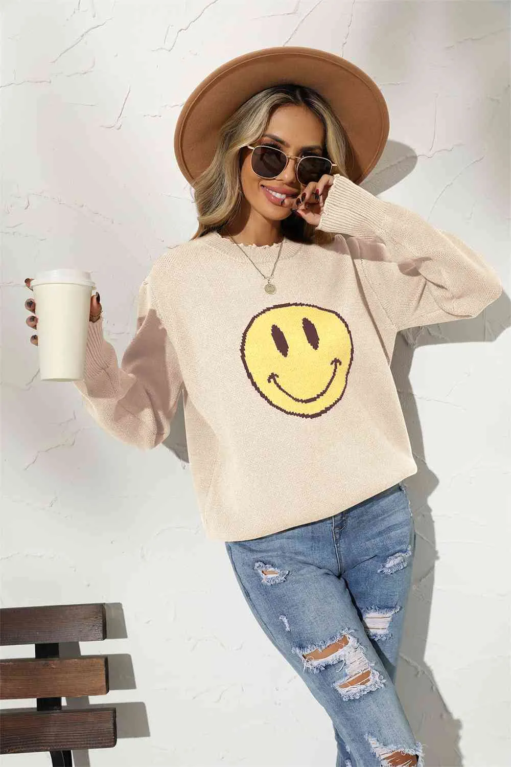 Round Neck Long Sleeve Smily Face Graphic Sweater (BFD) T