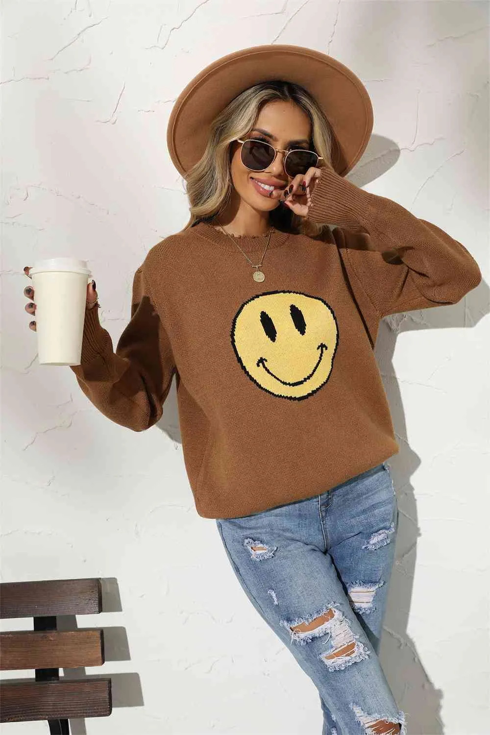 Round Neck Long Sleeve Smily Face Graphic Sweater (BFD) T