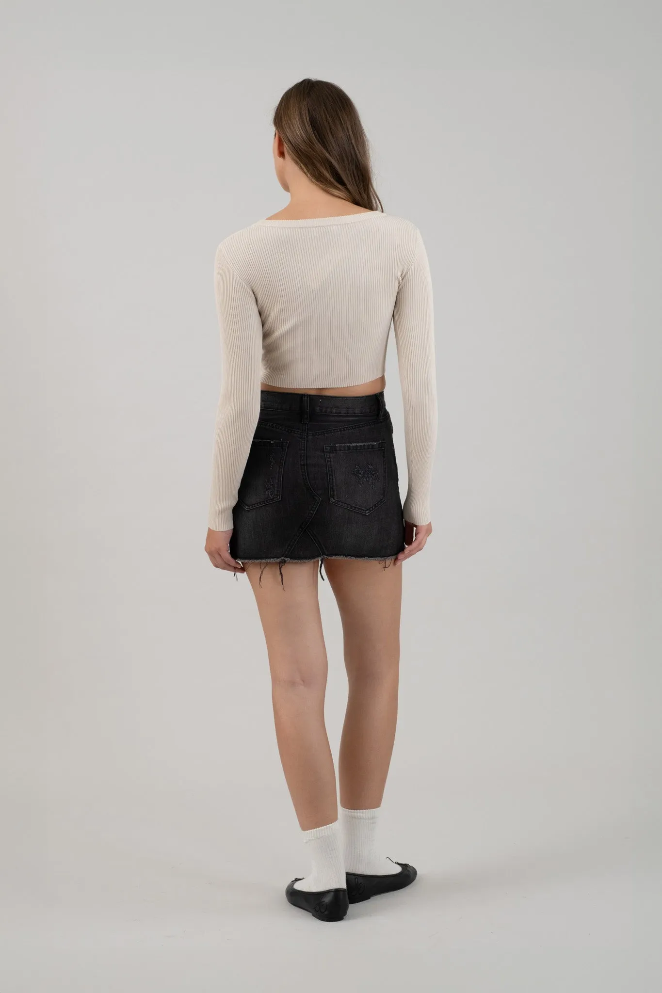 ROUND NECK LONG SLEEVE SWEATER KNIT CROP TOP