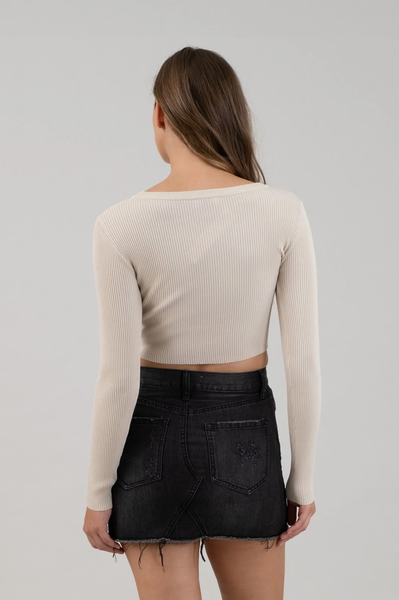 ROUND NECK LONG SLEEVE SWEATER KNIT CROP TOP