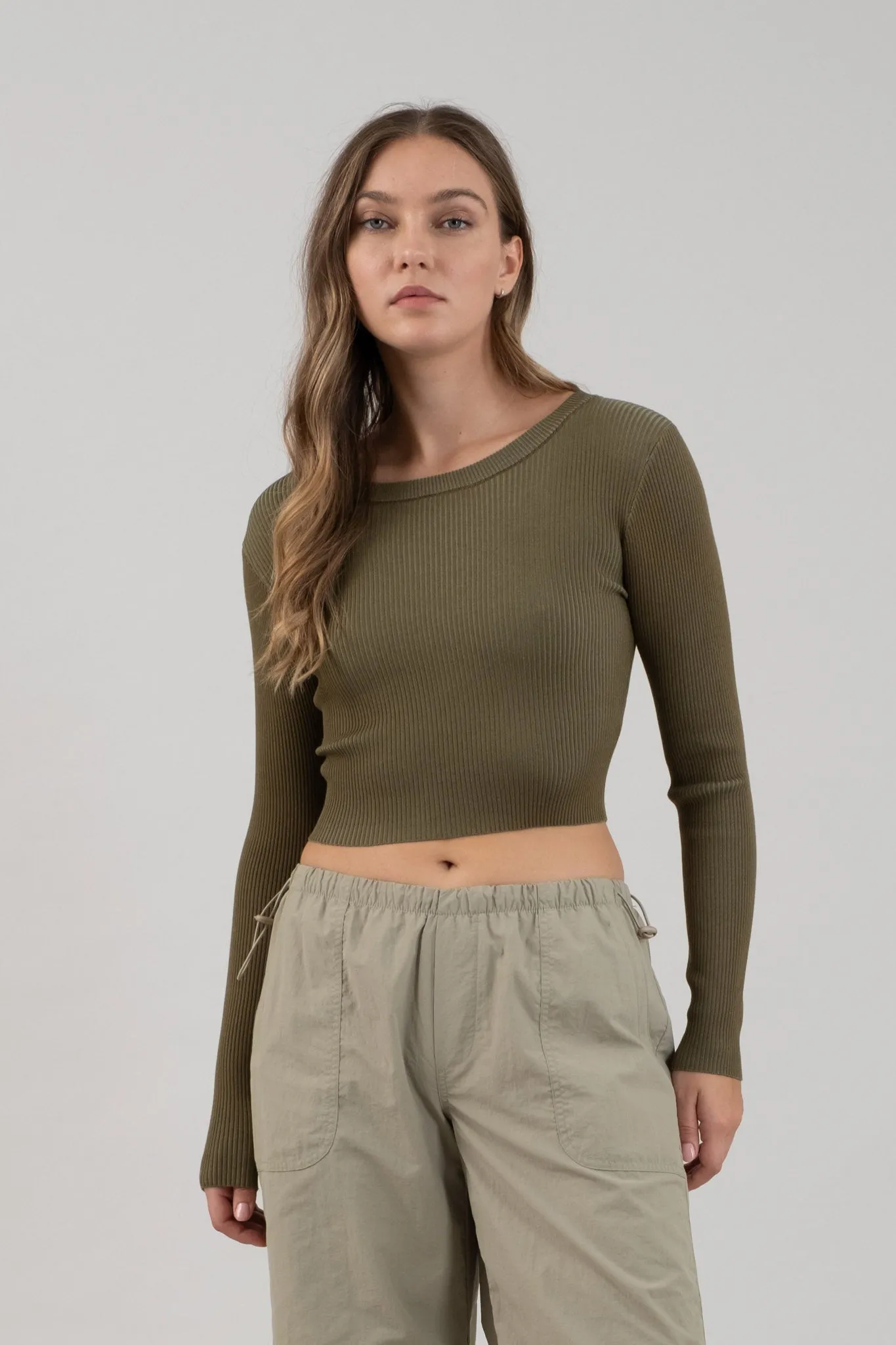 ROUND NECK LONG SLEEVE SWEATER KNIT CROP TOP