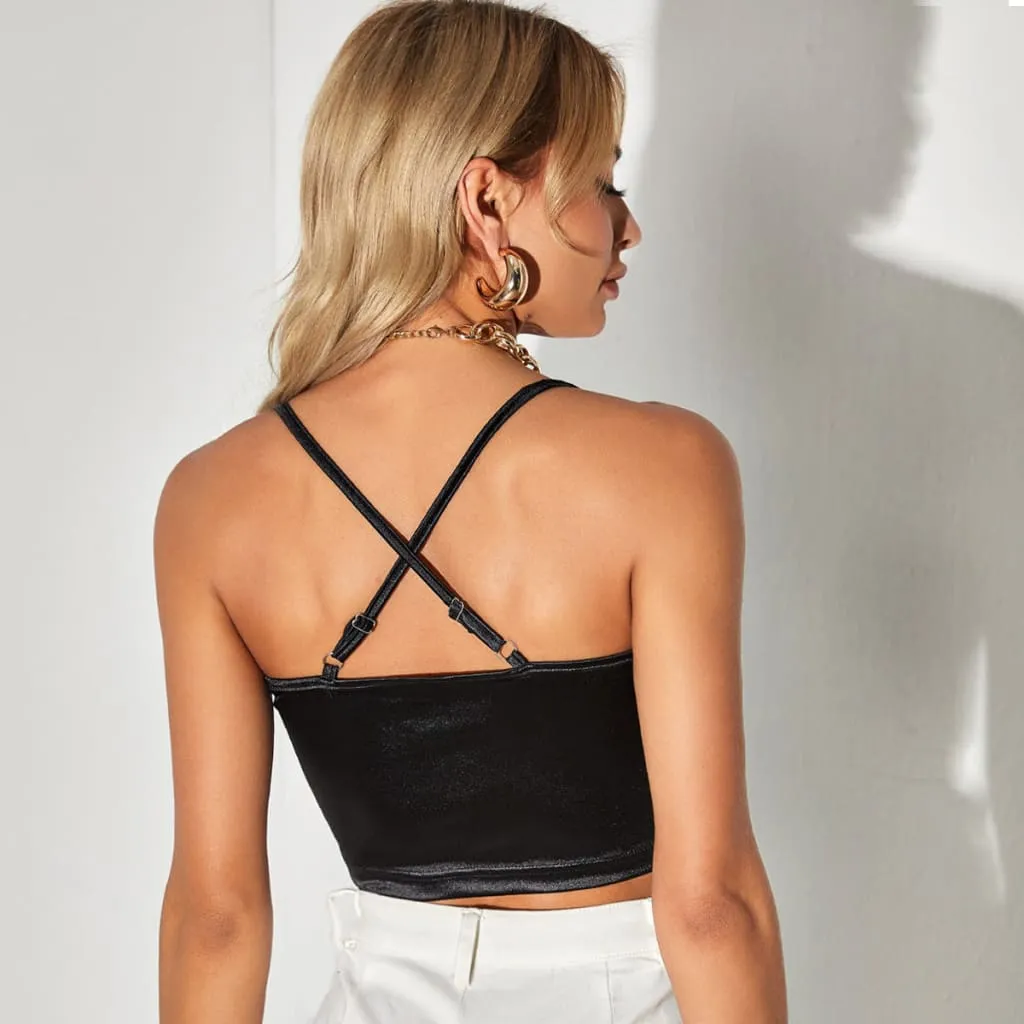 Satin Criss Cross Back Adjustable Strap Crop Cami Top