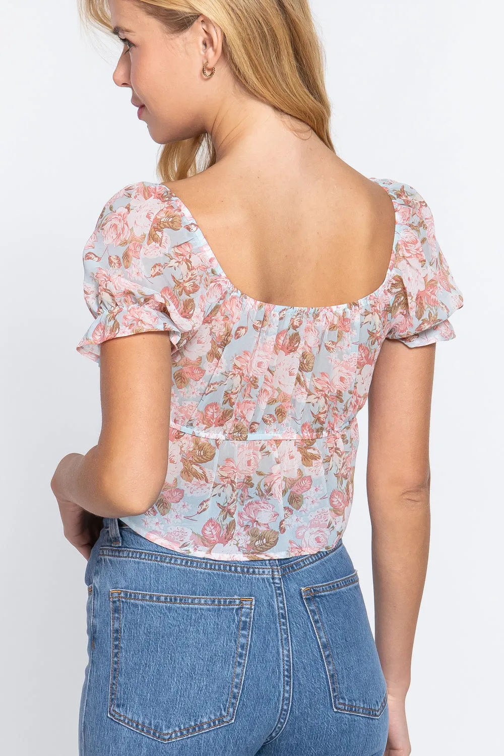 Short Slv Front Tie Print Woven Top - Ships from The US