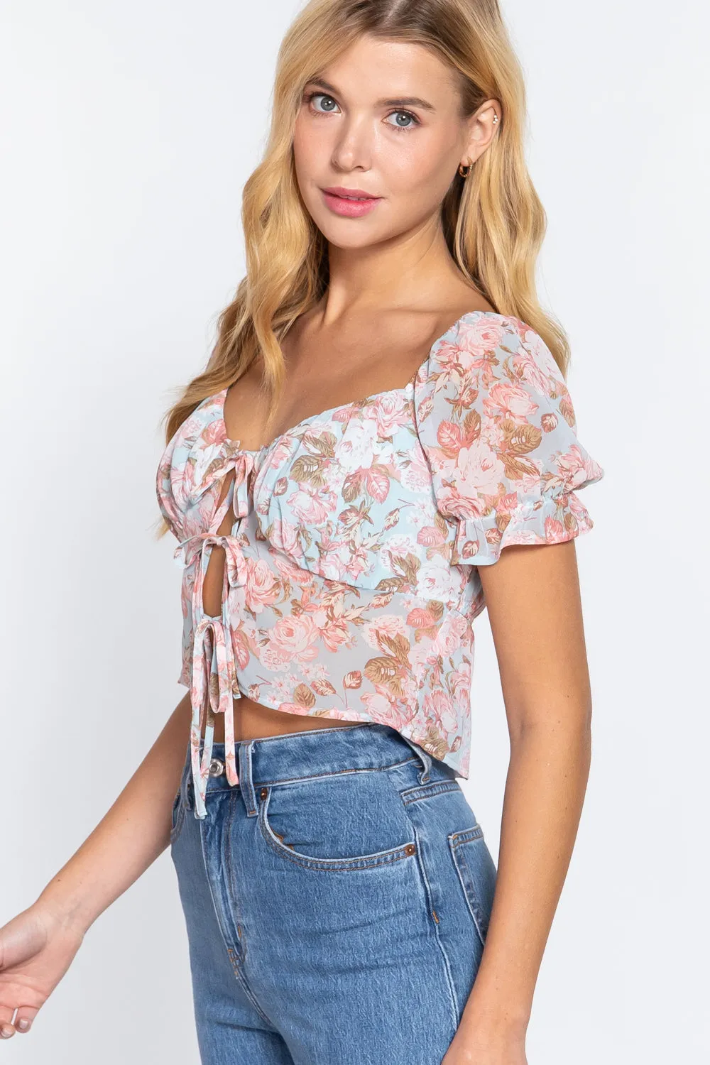 Short Slv Front Tie Print Woven Top - Ships from The US