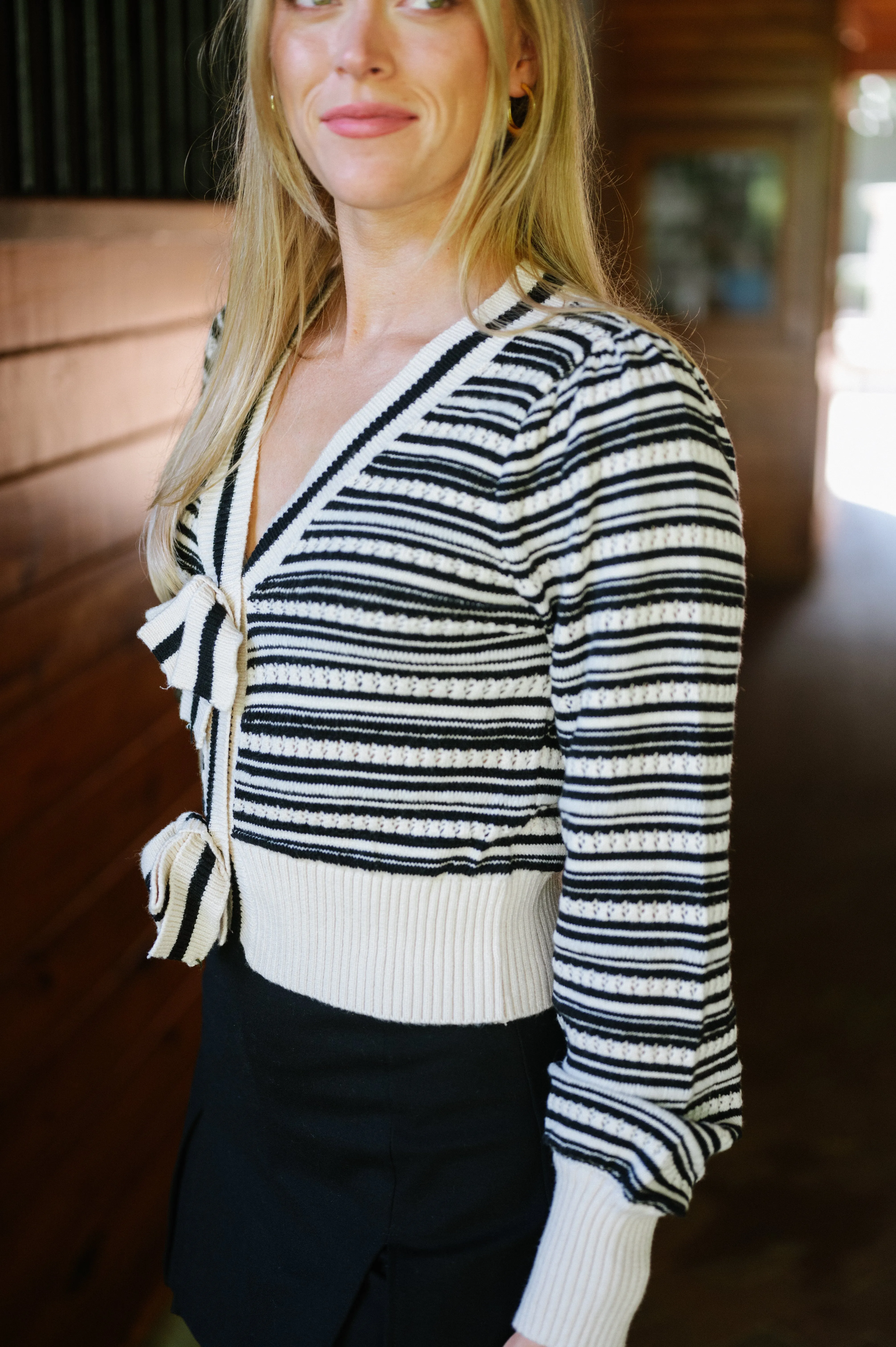 Striped Bow Cardigan-Oatmeal/Black