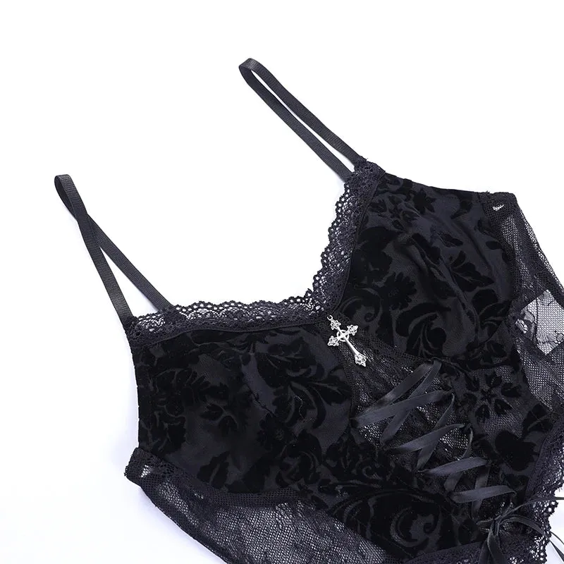 Summer Dark Gothic Lace Suede Jacquard Sexy Babes Cross Stylish Elegant Trendy Crop Top