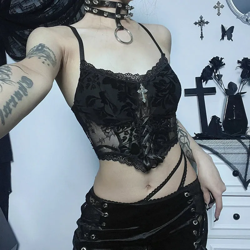 Summer Dark Gothic Lace Suede Jacquard Sexy Babes Cross Stylish Elegant Trendy Crop Top