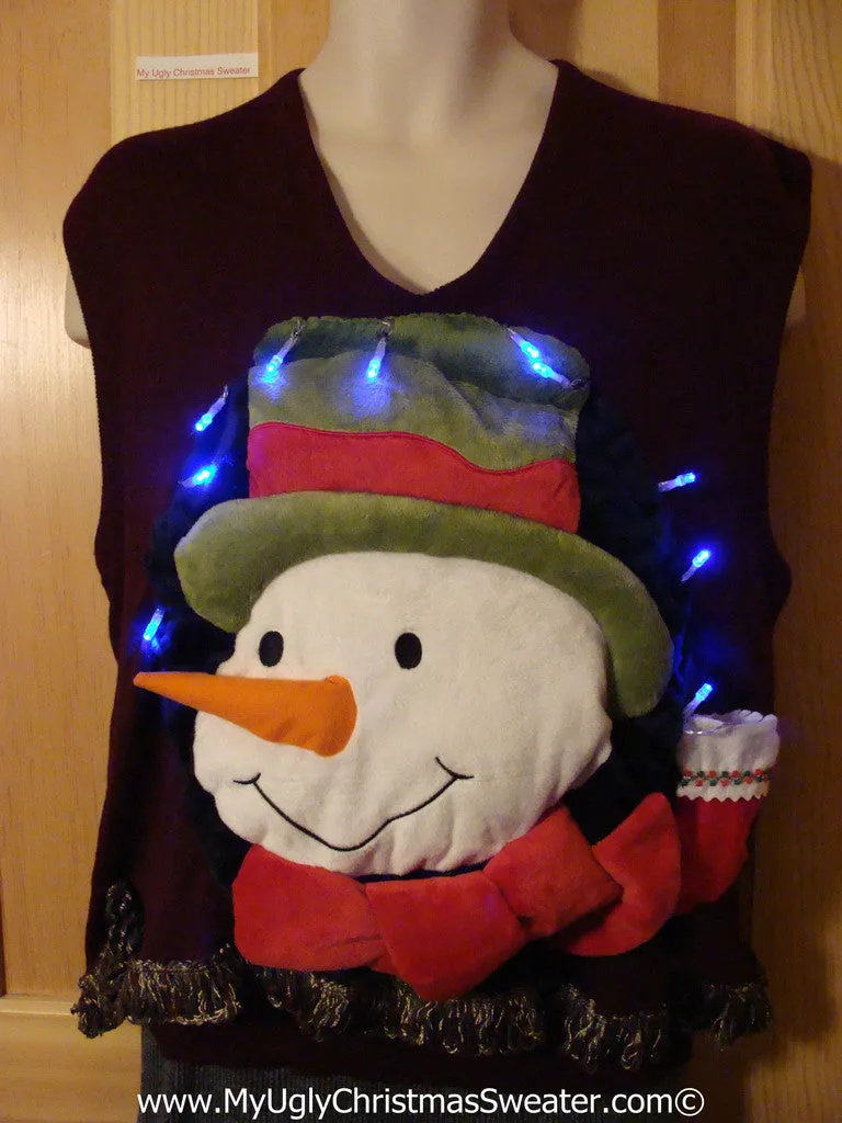 Tacky 3D Ugly Christmas Sweater Vest Mens Puffy Frosty with Lights and Fringe (A60)