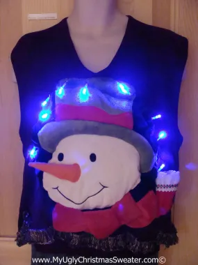 Tacky 3D Ugly Christmas Sweater Vest Mens Puffy Frosty with Lights and Fringe (A60)