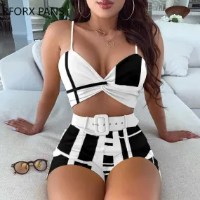 Trendy Black And White Twisted Crop Top And Bottom Set