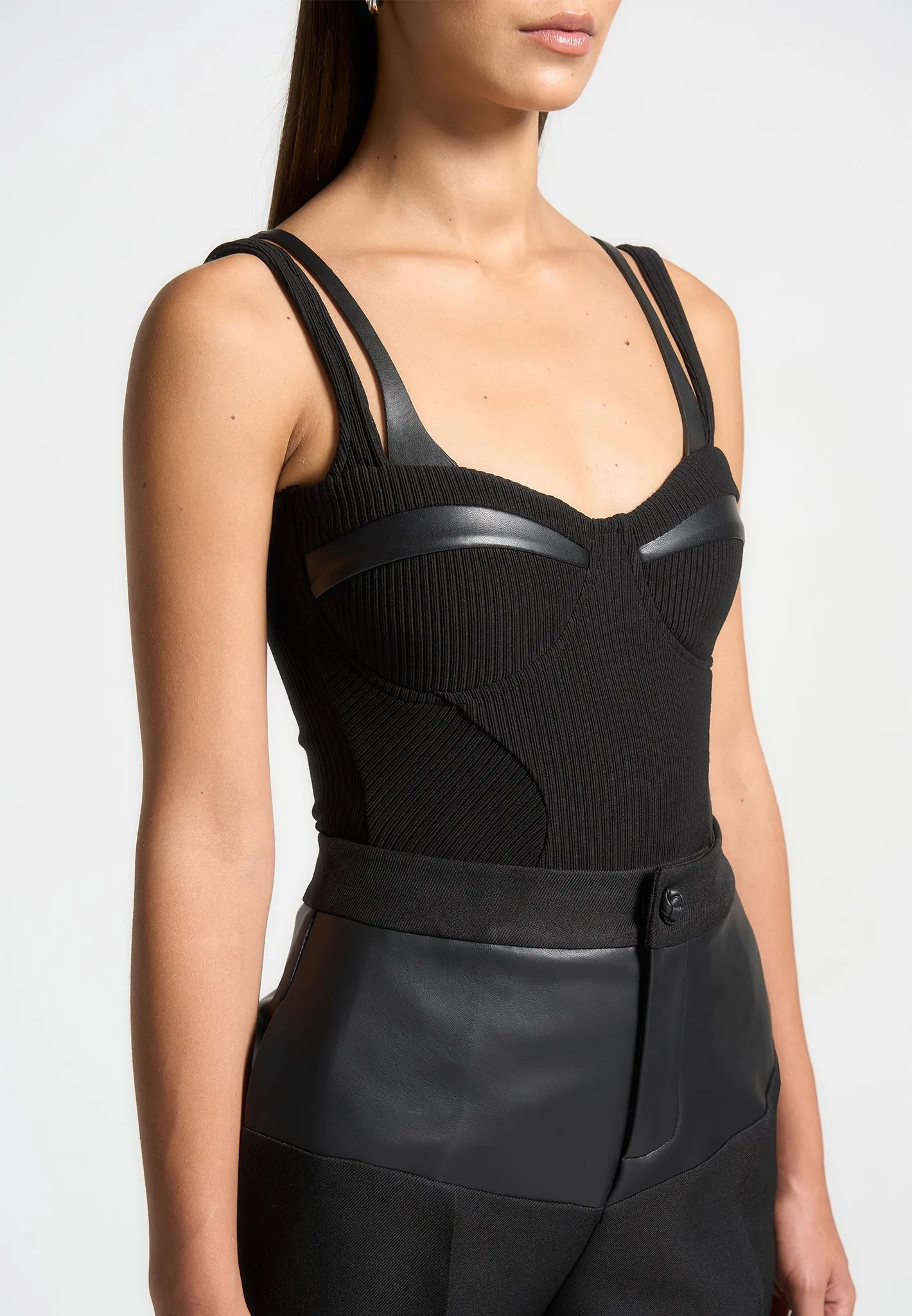 Twin Strap Ribbed Bodysuit - Black