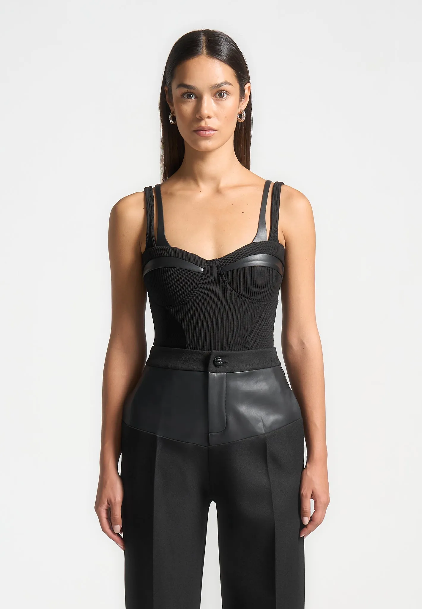 Twin Strap Ribbed Bodysuit - Black