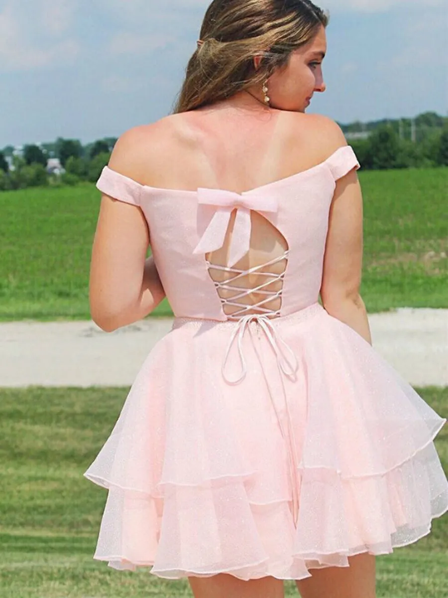 Two Pieces Off the Shoulder Pink Short Prom Homecoming with Cross Back, Off Shoulder Two Piece Pink Formal Graduation Evening