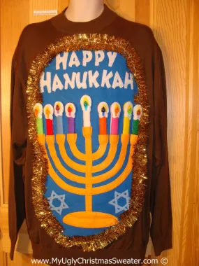 Ugly Christmas Sweater Party Hanukkah Sweater Mens with Menorah (j222)