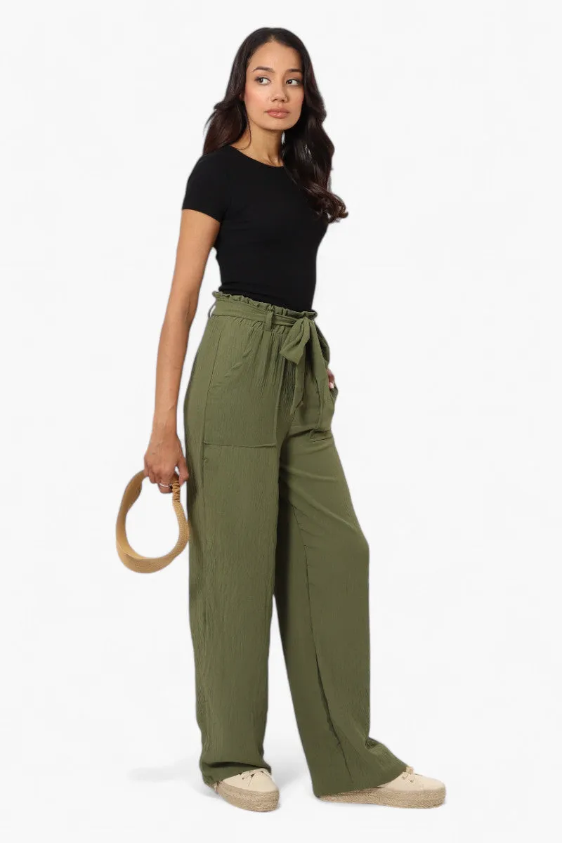 Urbanology Solid Belted Palazzo Pants - Green