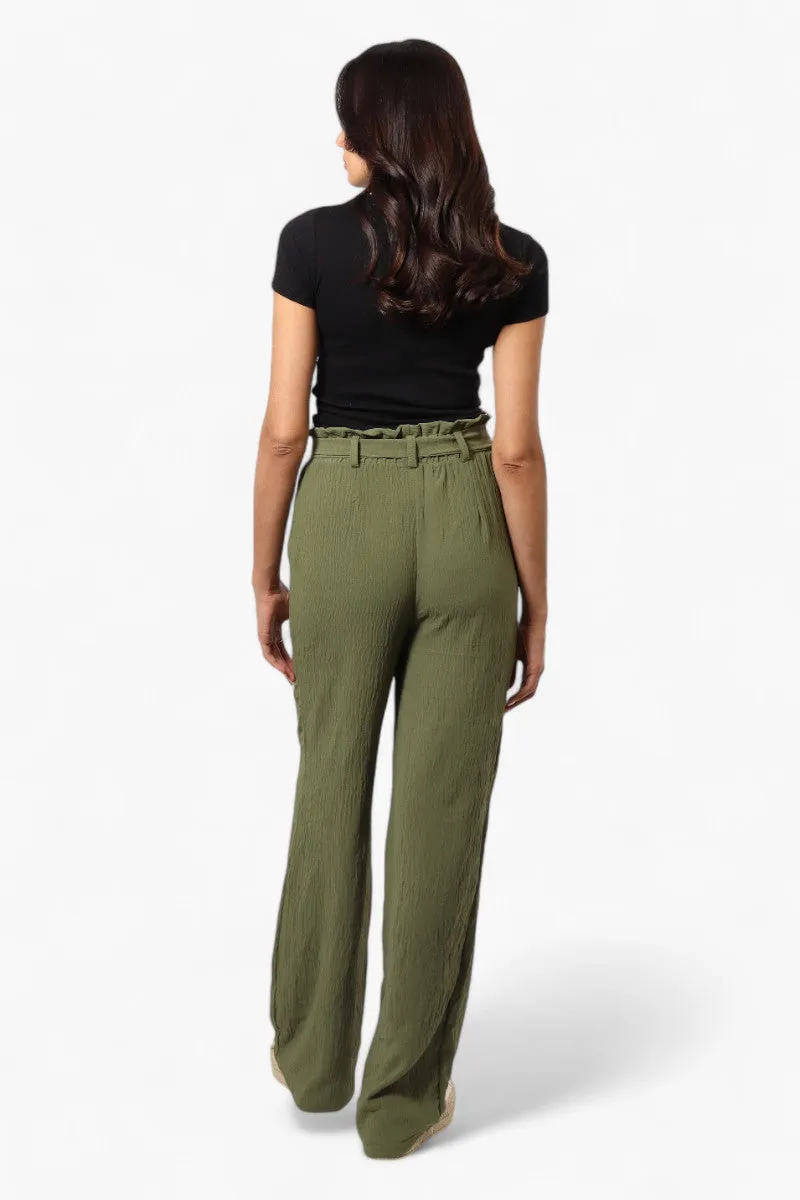 Urbanology Solid Belted Palazzo Pants - Green