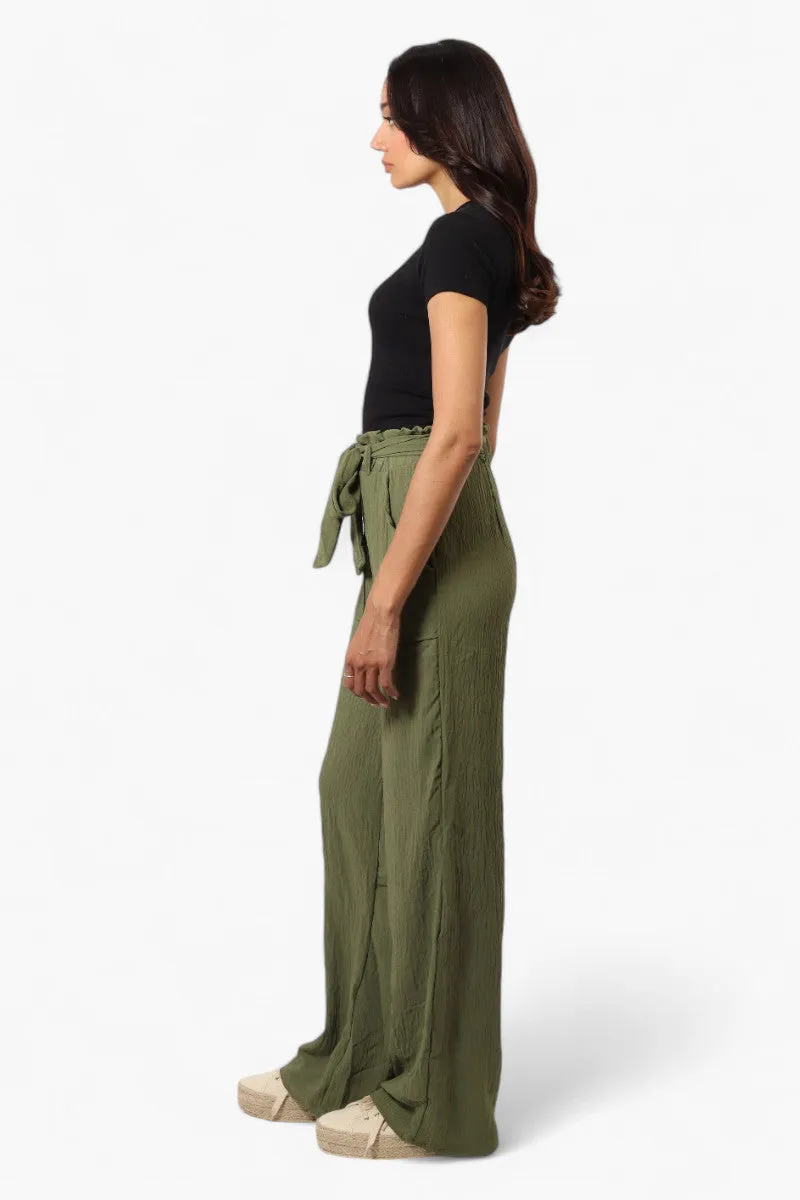 Urbanology Solid Belted Palazzo Pants - Green