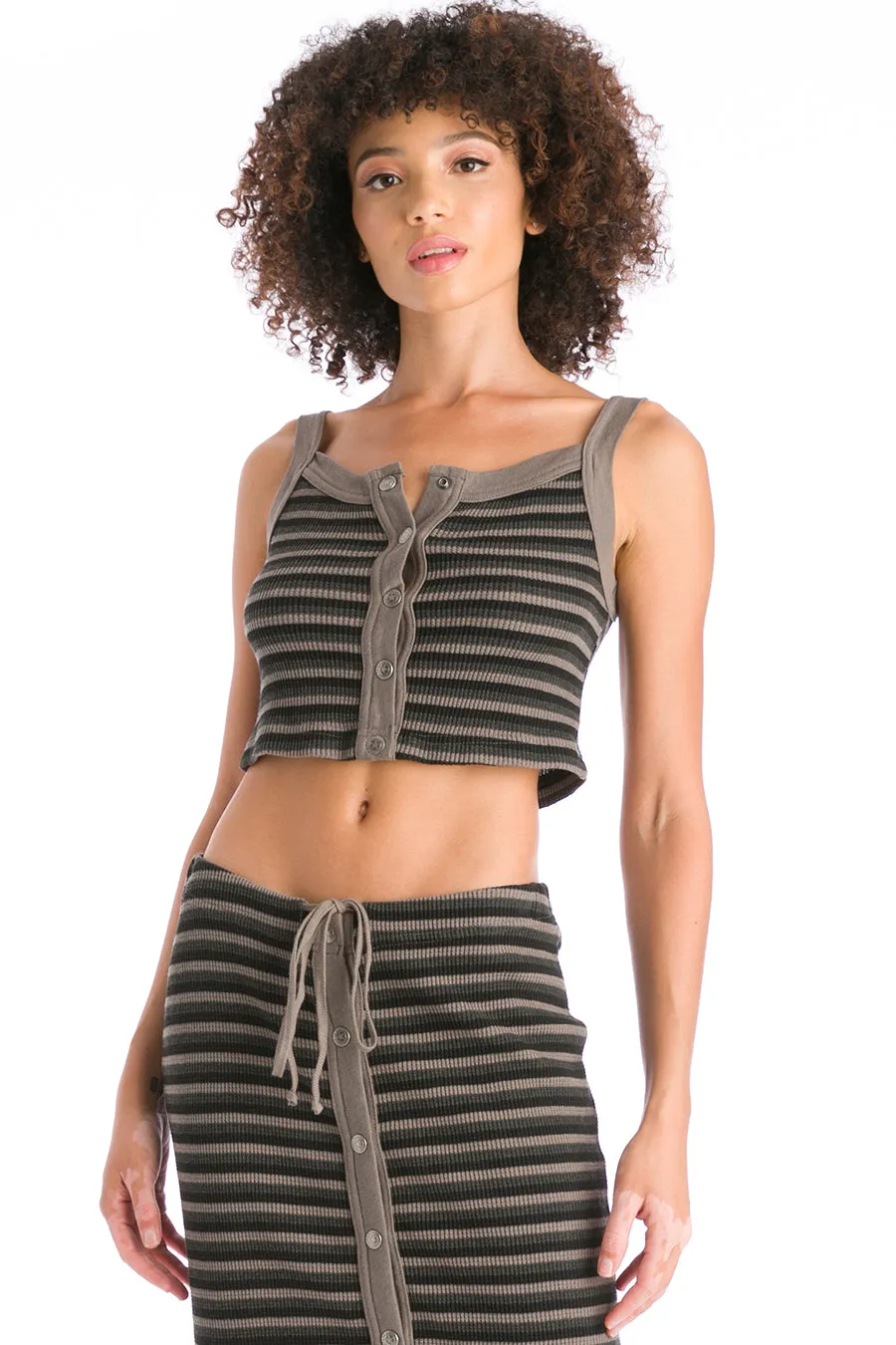 Vintage Stripe Thermal Crop Snap Front Tank