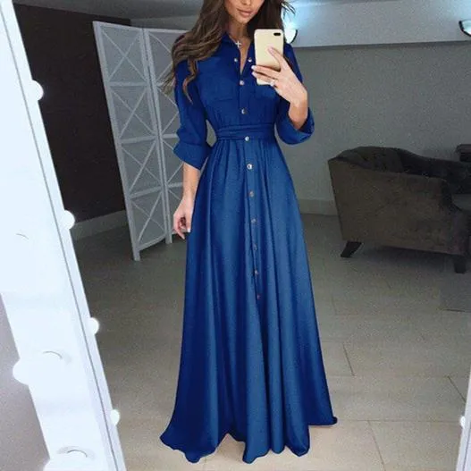 Women elegant swing belt button up maxi dresses