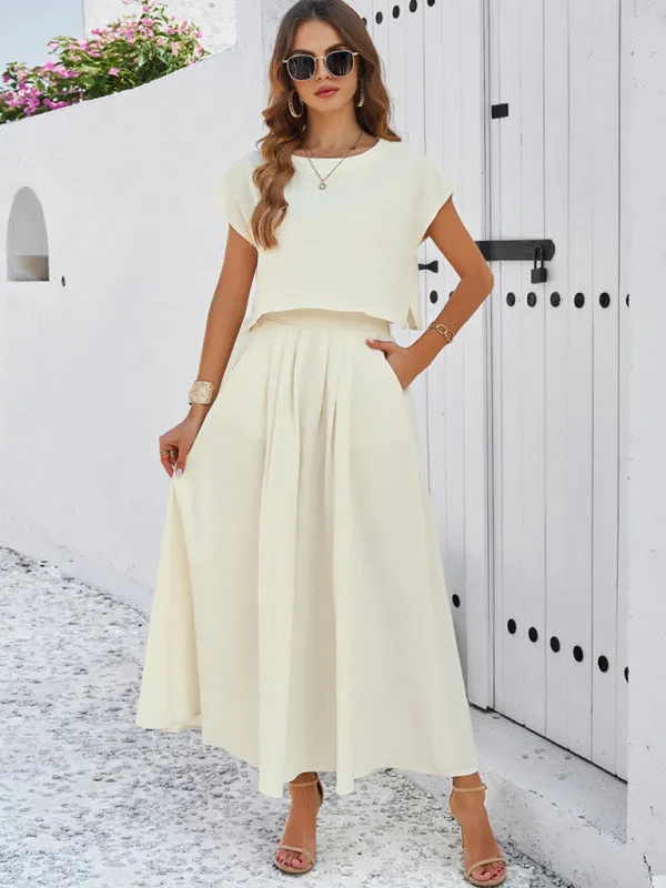 Women's Cap Sleeve Top And Matching Long Length Flowy Skirt Set