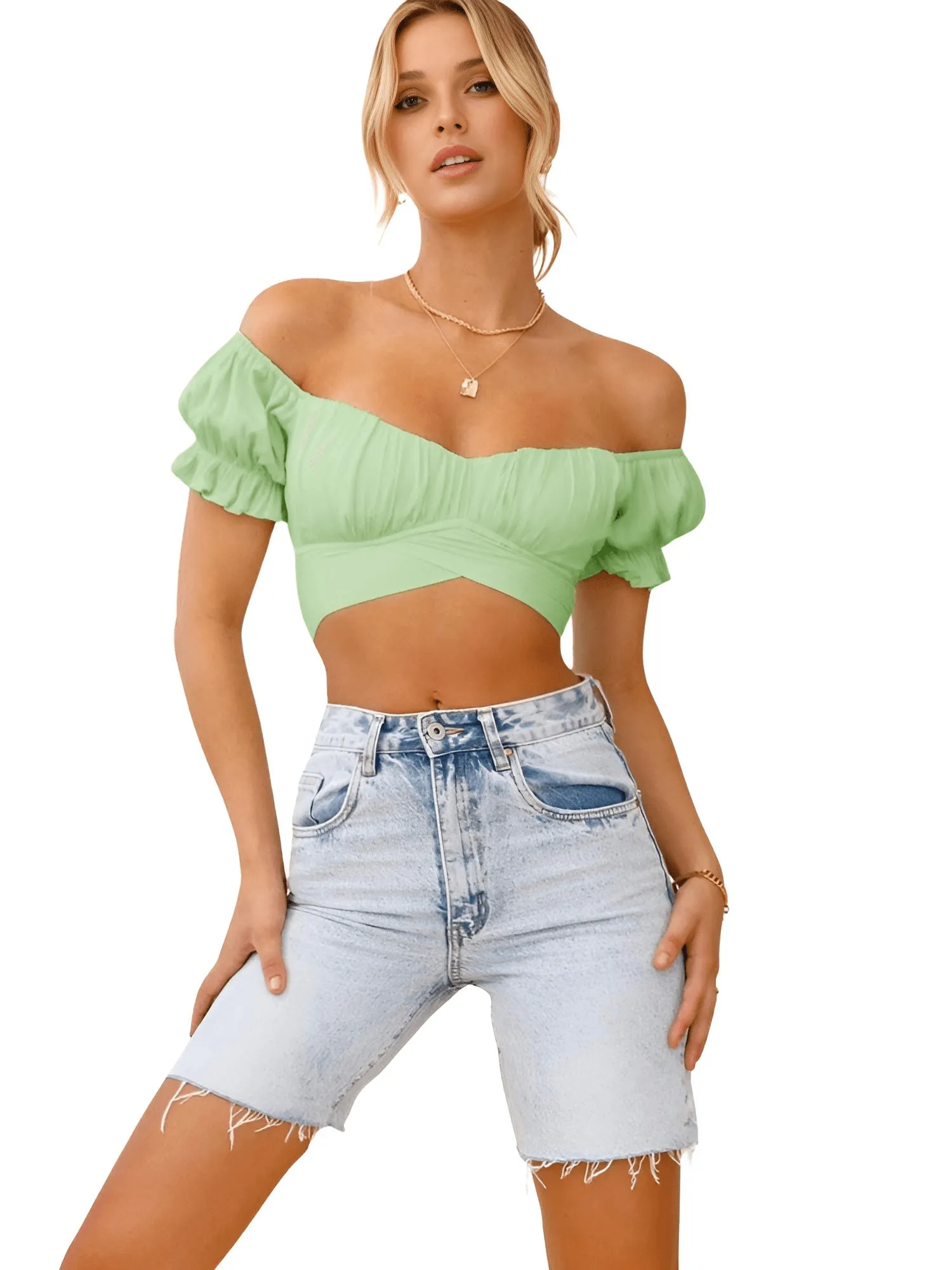 Women's Paris Style Off Shoulder Crop Top Short Sleeve