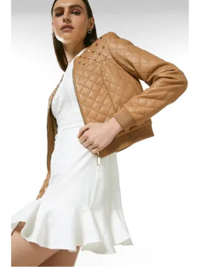 Women's Tan Beige Leather Studded Bomber Jacket