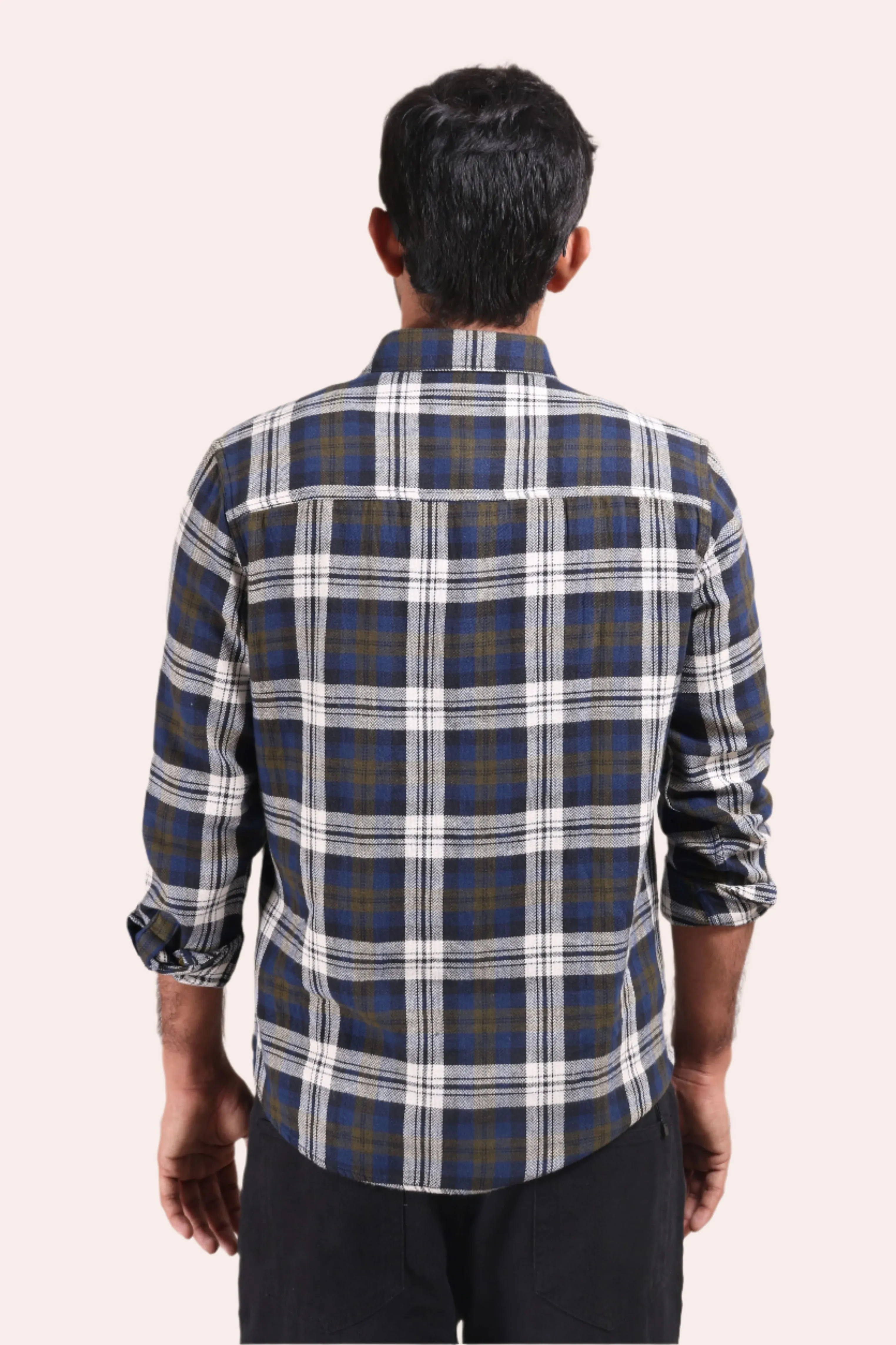 XKIND MEN'S NAVY BLUE TEXTURED CHECKS REGULAR FIT SHIRT