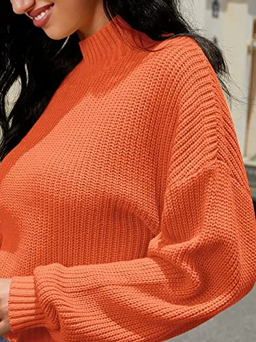 ZAFUL Women's Cropped Turtleneck Sweater Lantern Sleeve Ribbed Knit Pullover Sweater Jumper (1-Orange, M)